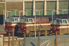 DSB MZ class (type I and II) photographed in Fredericia 1. May 1977.  The MZ class (type I and II) was purchased from 1967 to 1970 in a number of 26. Only a few of these engines remain in service by DSB - most are now sold to other companies. Built by NOHAB and Frichs. Dieselelectric. Co'Co'. 2270 kW - 3300 hp. Max speed 143 km/h - 89 mph. Length 20 800 mm. Weight 116,5 metric tonnes.